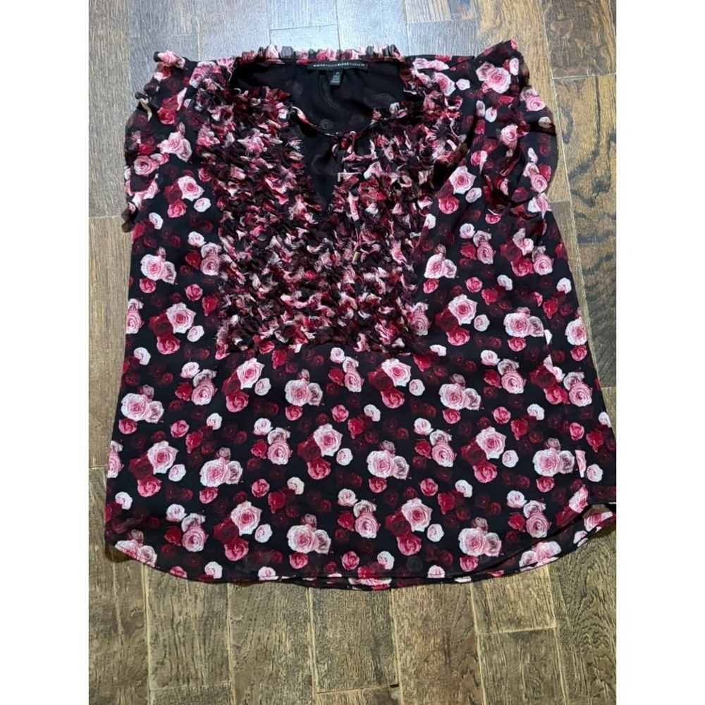 White House Black Market Black Floral Ruffle Sleeveless Blouse